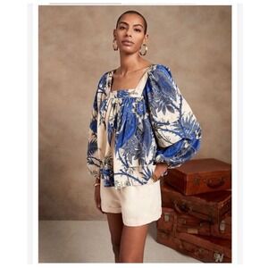 Banana‎ Republic Beige & Blue Floral Square Neck Blouse Size Small